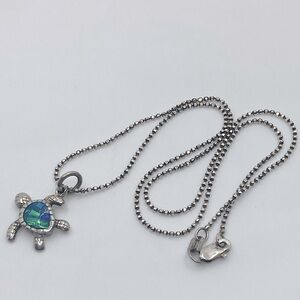 Vtg Sterling Opal Inlay Sea Turtle Pendant W 925 Beadlink Chain Approx 15.5”
